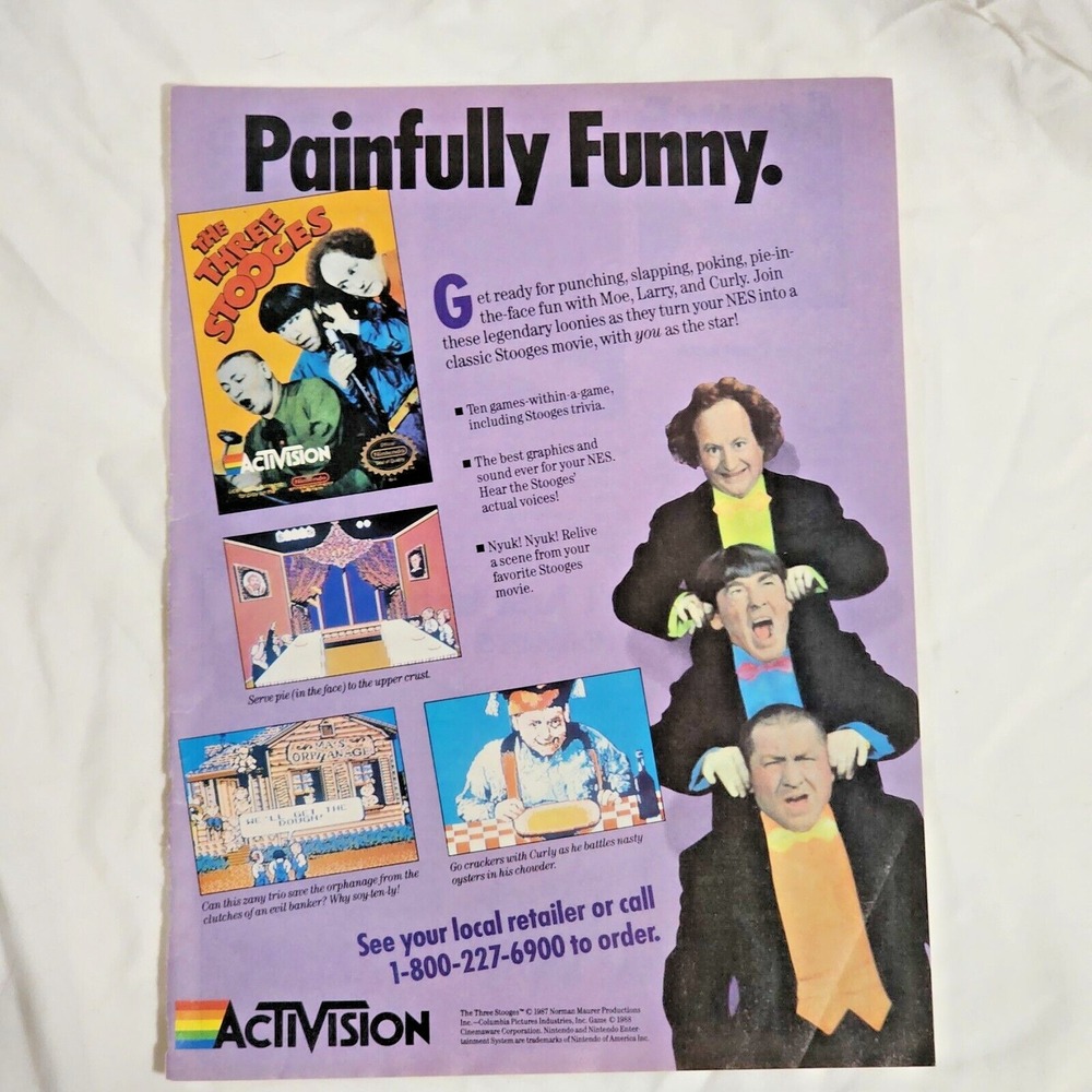 Vintage 1990 Activision The Three Stooges NES Video Game Print Ad Clipping 8x11